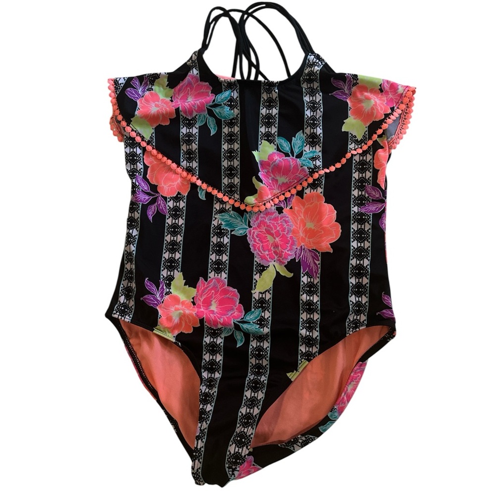 Wonder Nation girls XL/XG (14-16) Floral Striped Swimsuit with Pom Pom Trim